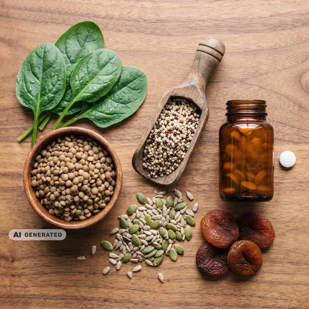 Linsen, Spinat, Quinoa und Eisentabletten auf einem Holztisch