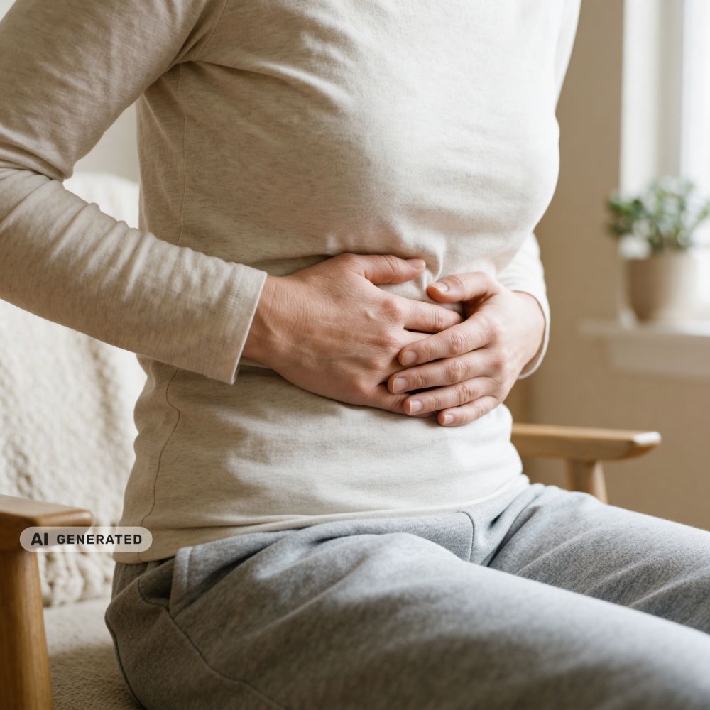 Frau hält sich mit beiden Händen den Bauch