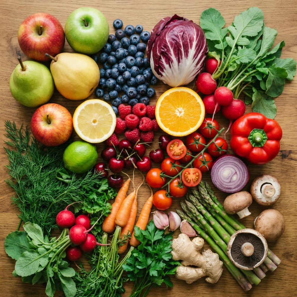 Obst und Gemüse auf Holzhintergrund