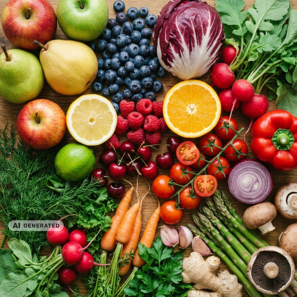 Verschiedene Obst- und Gemüsesorten auf einem Holzuntergrund
