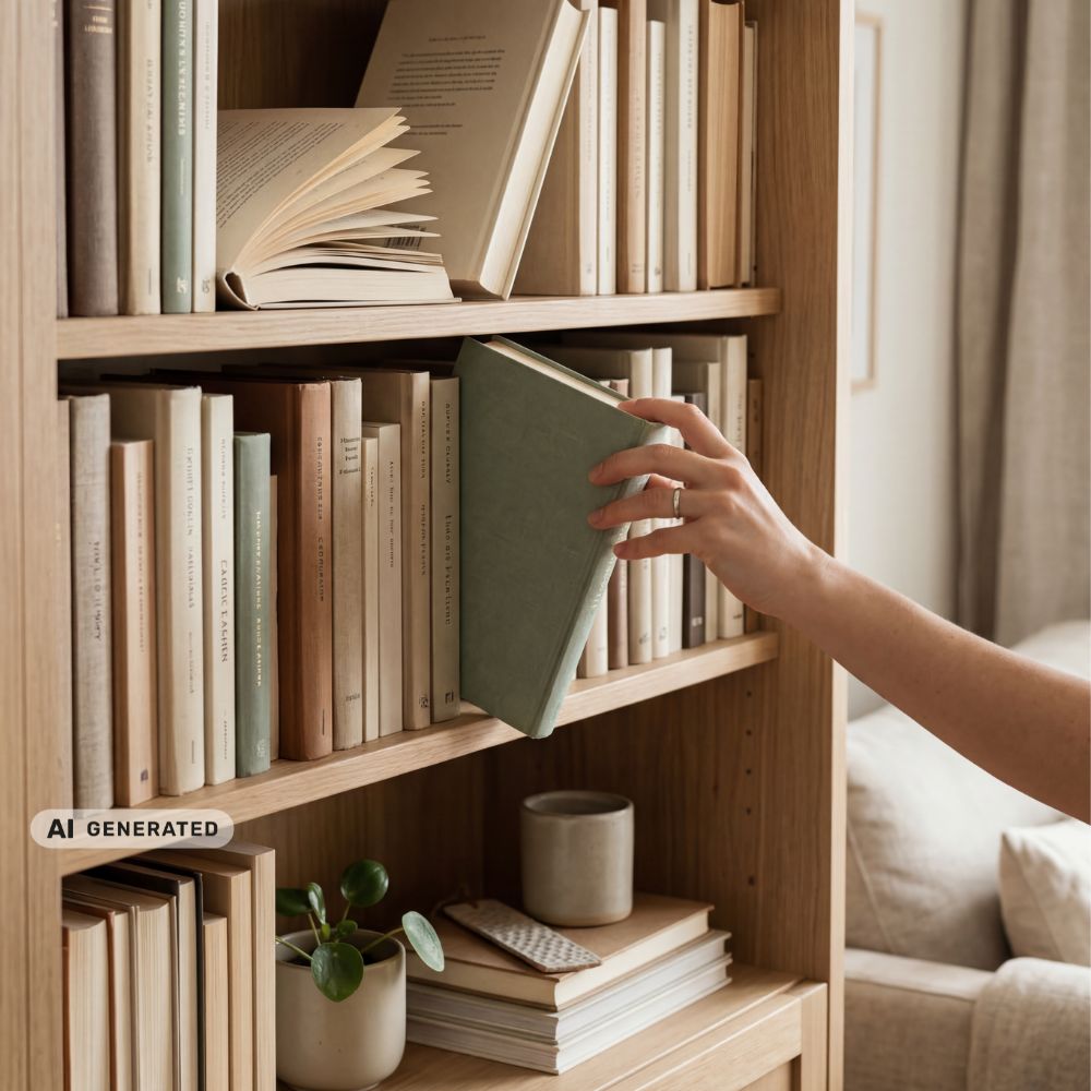 Hand nimmt Buch aus einem Bücherregal